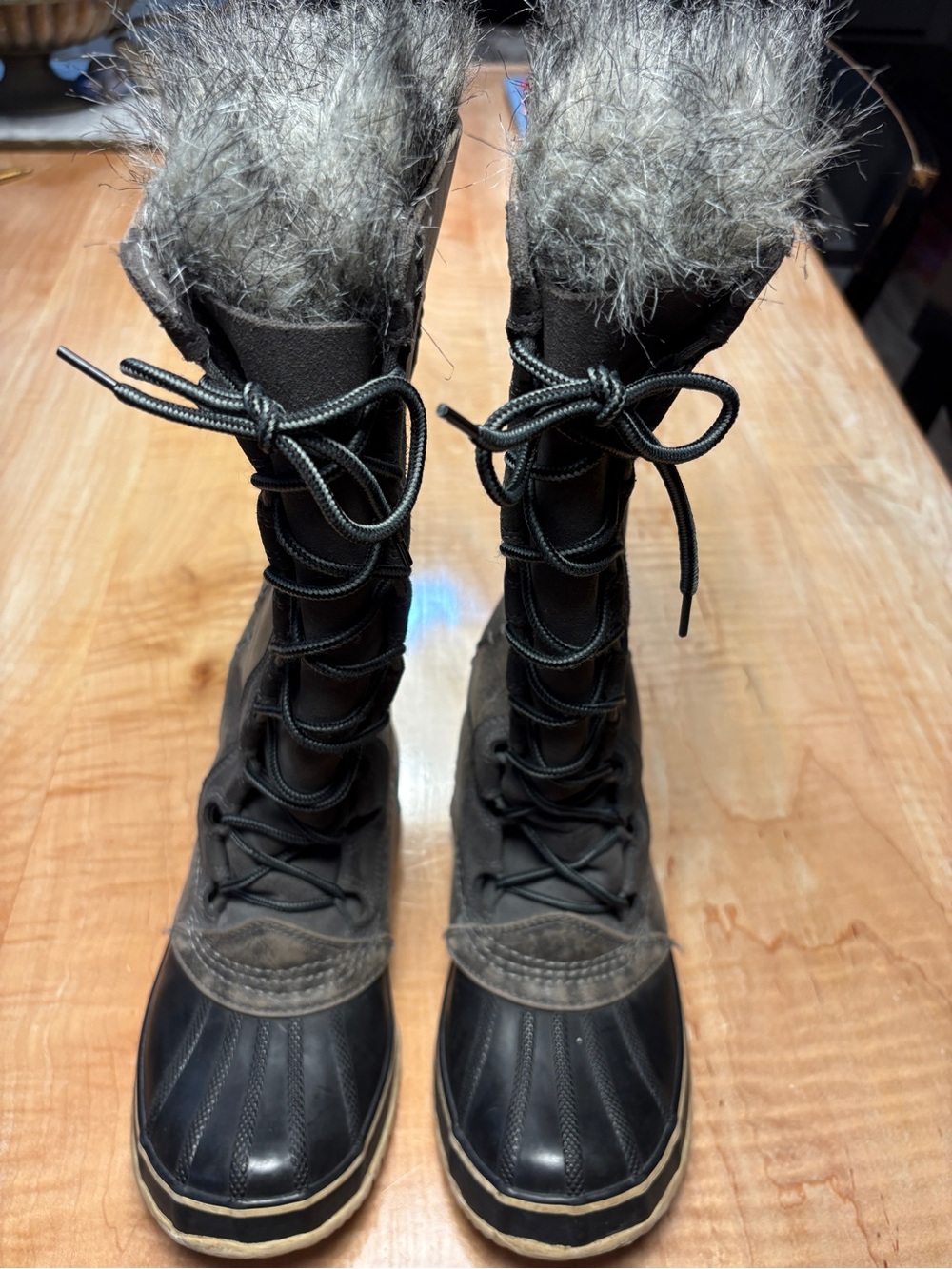 Sorel “Cate the Great” Black Tall Lace-Up Winter Boots with Faux-Fur Cuff